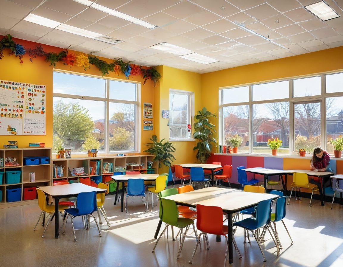 A vibrant classroom filled with joyful children engaged in various learning activities, surrounded by colorful wall decorations promoting positivity and collaboration. Soft sunlight streaming through large windows, illuminating a corner with plants and cozy reading nooks. Cheerful artwork on the walls and bright, inviting furniture creating a sense of warmth and happiness. super-realistic. vibrant colors. bright background.