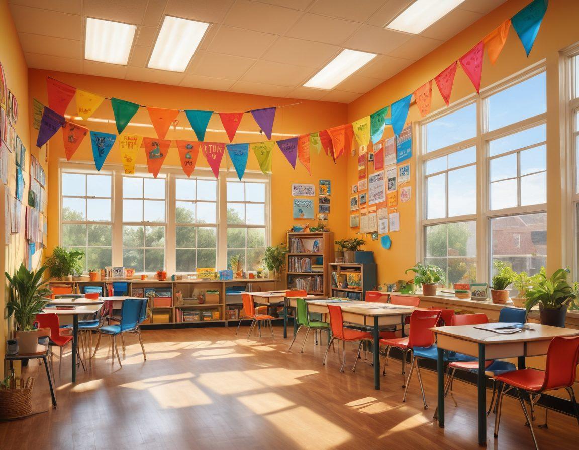 A vibrant classroom scene filled with joyful students engaged in collaborative learning activities. Colorful banners displaying uplifting messages hang on the walls, and a cheerful teacher encourages creativity. Brightly colored furniture and plants create a lively atmosphere that promotes well-being. Sunlight streams through large windows, casting a warm glow over the scene. super-realistic. vibrant colors. bright background.
