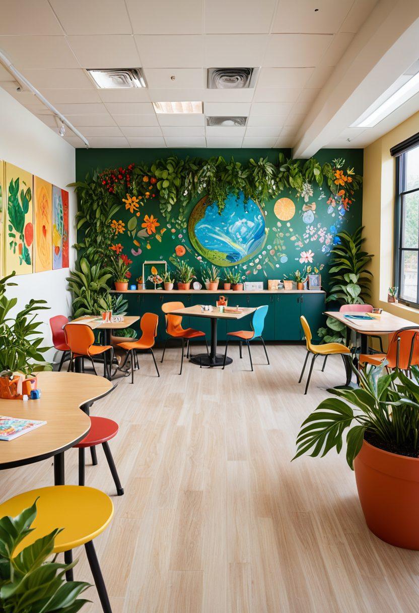 A bright and colorful classroom filled with natural light, showcasing cheerful decorations and plants, with students engaged in collaborative learning activities. Include an inspiring wall mural that depicts growth and knowledge, soft seating areas for relaxation, and cheerful art supplies scattered around. Capture a sense of joy, inclusivity, and creativity to represent a nurturing educational environment. vibrant colors. super-realistic.